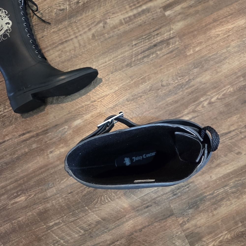 Juicy Couture Black Rain Boots Lace Up Buckle Logo Crown US 8 - Picture 10 of 15